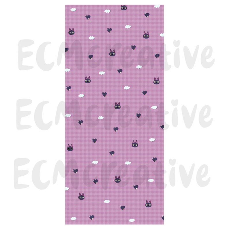 May include: A seamless pattern featuring a black cat with yellow eyes, a white cloud, and a pink heart on a pink and white gingham background.