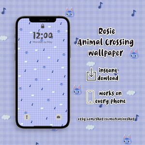 May include: A purple and white gingham background with a phone displaying a blue and white Animal Crossing wallpaper. The wallpaper features a repeating pattern of a blue cat character, musical notes, and white clouds. The phone screen also displays the time, "12:00", and the date, "Monday 24 May". The text "Rosie Animal Crossing wallpaper" is displayed in white letters on a purple background. Below the text are two icons: a download icon with the text "instant download" and a phone icon with the text "works on every phone". The text "etsy.com/shop/ecmcreativeshop" is displayed in white letters on a purple background.
