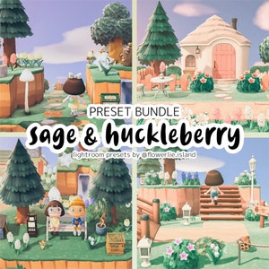 Puede incluir: Un collage de arte digital que presenta cuatro escenas de un videojuego, mostrando una variedad de entornos al aire libre. El texto "PRESET BUNDLE sage & huckleberry" está superpuesto en la imagen. Las escenas incluyen personajes, árboles y edificios.