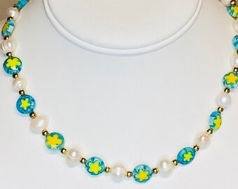 Superbe Collier Vintage En Verre Millefiori Vénitien Avec Perles, Longueur 42 Cm, En Finition Argentée