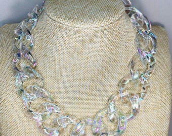 Large Chain Link Necklace / Clear White Links Statement / Iridescent / Transparent Chunky Link Oversize Bib / Acrylic Chain Links Rainbow
