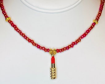 Lipstick Necklace / Lipstick Choker / Lipstick Bracelet / Red and Gold Lipstick Necklace and Bracelet