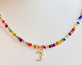 Rainbow Seed Bead Necklace / Moon Necklace / Crescent Moon Necklace / Bead Choker / Celestial Jewelry / Y2K Beaded Necklace /
