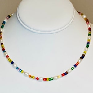 Multicolor Freshwater Pearl Beaded Necklace / Seed Bead and Pearl Necklace / Seed Bead Choker Necklace / Small Freshwater Pearl Necklace
