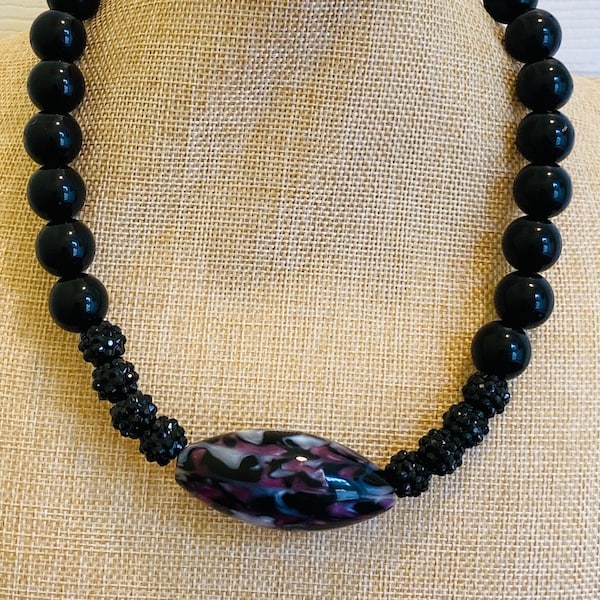 Large Pink Purple White Black Spindle Tube Black Beaded Necklace for Women / Black Rhinestone Beads / Big Chunky Necklace