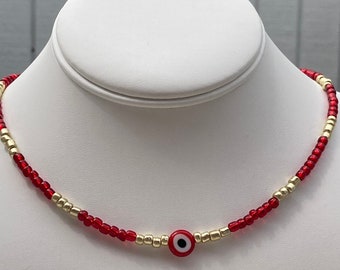 Evil Eye Necklace / Gold Evil Eye Necklace / Red Evil Eye Beaded Necklace / Red and Gold Seed Bead Necklace / Evil Eye Jewelry