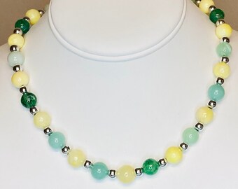 Lemon and Lime Round Glass Beaded Necklace / Green and Yellow / Single Strand Statement Necklace /