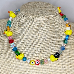 Yellow Duck Flower Lampwork Necklace / Millefiori Beaded Glass Heart Star Unisex