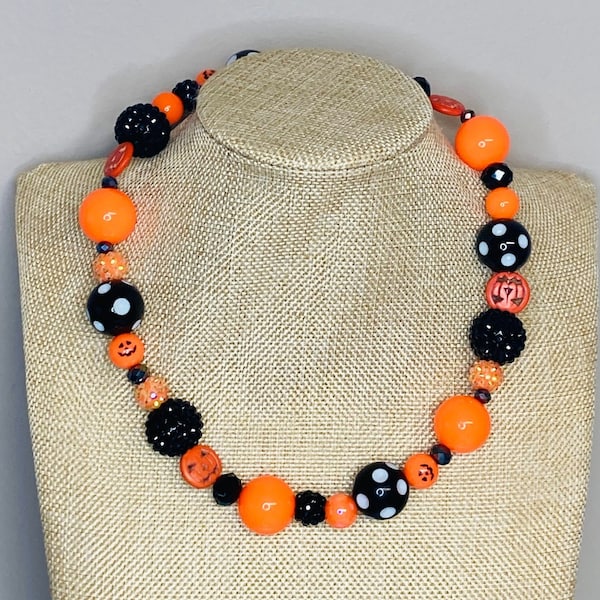 Halloween Orange Black Neon Pumpkin Beaded Necklace / Black Polka Dot Rhinestone