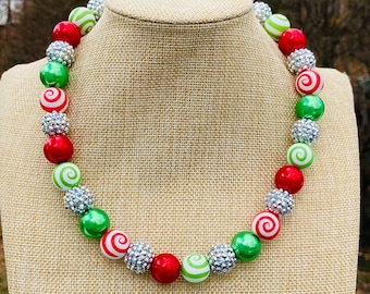 Festive Christmas Holiday Red Green Swirl Silver Rhinestone Beaded Necklace / Chunky Fun Whimsical Retro / Candy Cane Swirl Lollypop