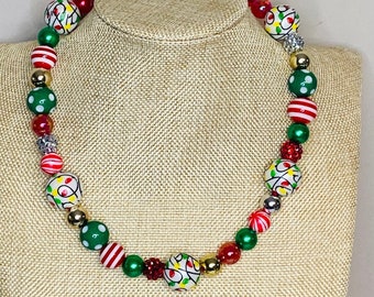 Christmas Holiday Beaded Necklace / Christmas Lights Candy Canes Swirls Gold Silver Red Rhinestone Polka Dot / Fun Nostalgic Party Whimsical