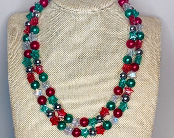 Festive Christmas Star Glitter Beaded Necklace / Red Green Silver Clear Holiday Single or Double Statement