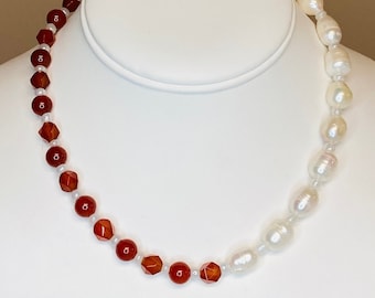 Two-Way Carnelian Necklace / Red Carnelian with Large Freshwater Pearls / Round Carnelian / Carnelian Faceted Star Cut Beads / Half Jewelry