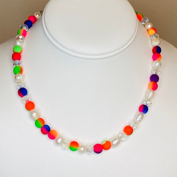 Bright Neon Round Beaded Necklace / Fun Youth Young Adult / Pearl and Crystals / Y2K Necklace / 90s / Tie Dye Neon