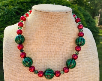 Watermelon Necklace / Chunky Necklace / Bubble Gum Necklace / Red and Green Czech Glass Beaded / Whimsical Fruit Necklace / Trendy Necklace