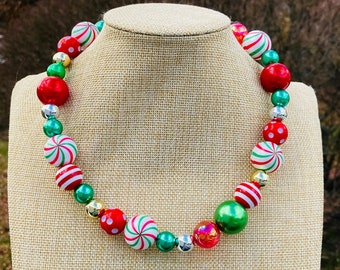 Festive Chunky Christmas Holiday Peppermint Swirly Polka Dot Candy Cane Silver Gold Green Red / Beaded Fun Whimsical Retro Nostalgic Vintage