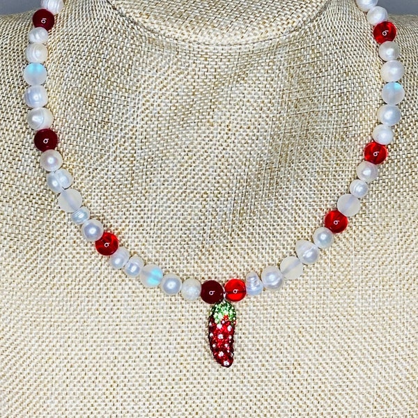 Red Chili Hot Pepper Rhinestone Necklace / Freshwater Pearls and Moonstone Glass Beads / Fun Unique / Glass Red Beads /