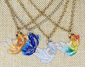 Blue or Orange Gold or Rainbow Koi or White Koi Goldfish Necklace / 18K Plated Gold Chains Koi Fish Jewelry