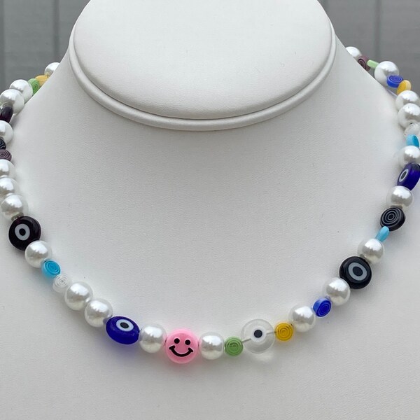 Fun Necklace Choker / Evil Eye Necklace / Swirly Bead Necklace / Smile Necklace / 90s nostalgia / 80s nostalgia