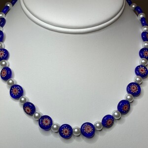 Murano Jewelry / Blue and Red Flowers Necklace with Earrings / Millefiori Floral Glass Bead / Glass Pearls