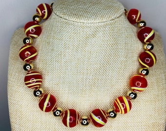 Bulky Glass Bulbs Red Yellow White Round Blown Glass Beaded Necklace