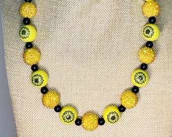 Big Chunky Bubble Gum Beaded Necklace / Yellow Sunflower Yellow Rhinestone / Black Onyx Beads / Large Statement