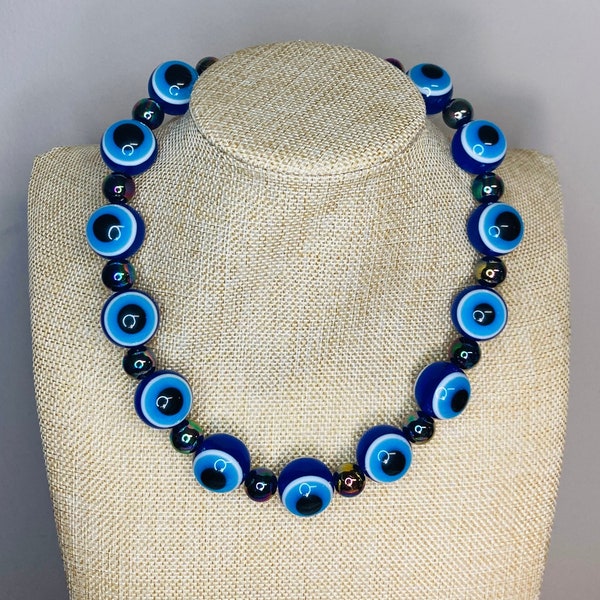 Big Large Chunky Evil Eye Beaded Necklace / Blue White Black / Oversized Evil Eyes / Fun Unique