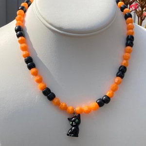 Black Cat Halloween Necklace / Orange and Black / Halloween Fun Necklace