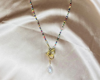 18K Gold Plated Toggle Necklace / Seed Bead Necklace / Pearl Necklace / T Bar Necklace / Toggle Bar / Pearl Choker Necklace / Colorful