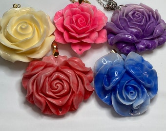 Large Resin Rose Flower Necklace / Flower Pendant Necklace / Woman's Flower Necklace / Bright Colored Flowers /