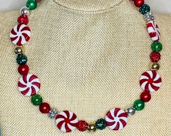 Christmas Peppermint Candy Necklace / Green Silver Gold Red / Holiday Jewelry / Fun Nostalgic Party Kids Adults Whimsical Retro Rhinestone