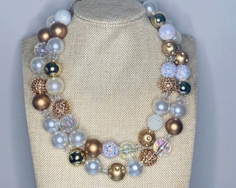 Gold and Cream White Chunky Beaded Necklace / Chunky Gold Collar Statement / Bubble Gum / Big Necklaces for Women New Year Holiday Wedding