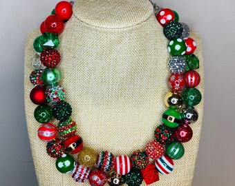 Christmas Beaded Necklace / Single or Double Layered / Christmas Acrylic Beads / Christmas Rhinestones / Christmas Flashy Big Shiny Sparkle