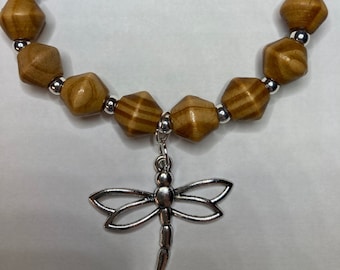 HolzArmband mit Silber Libellen Anhänger / Holz und Silber Perlen / Libelle Charm / Libellen Schmuck / Hellbraun Holz