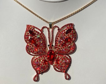 Bright Red Crystal Rhinestone Butterfly Necklace / Woman's Large Butterfly Necklace / Rhinestone Butterfly Necklace