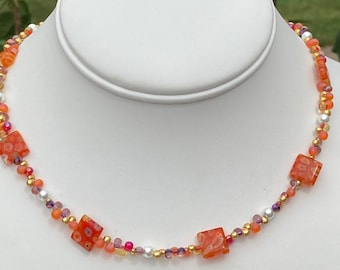 Murano Jewelry / Orange Square Millefiori Necklace / Exotic Miyuki Glass Drops / Millefiori and Pearl Beads / Glass Drops made in Japan