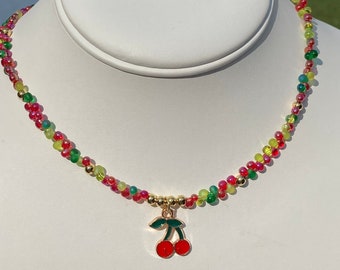 Cherry Necklace / Watermelon, Strawberry, and Kiwi Colored Beads / Beads are 24K Plated / Fruit Necklace /