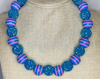 Razzle Dazzle Chunky Rhinestone Striped Beaded Necklace / Blue Pink Rhinestone Bubble Gum Beads / Large Statement / Flashy Sparkle