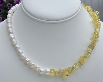 Two-Way Quartz Necklace / Yellow Quartz's / Split Necklace / Asymmetrical Necklace / Half and Half Necklace / Freshwater Pearls /