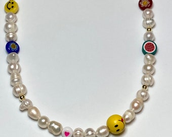 Trendy Fun Smiley Beaded Necklace / Freshwater Pearl / Y2K Watermelon Fruit Necklace / Millefiori Necklace / 90s nostalgia Italian Beads