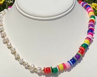 Two-Way Multicolor Beads Necklace / Rainbow Heishi Bead Pearl Necklace / Freshwater Pearls / Half Beaded Necklace / Fun Spring Summer Fall