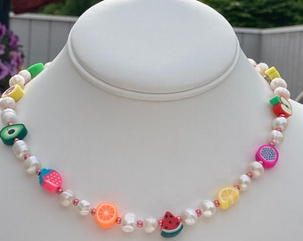 Fruit Necklace / Fruit with Freshwater Pearls and Pink Metallic Seed Beads / Whimsical / Rainbow Yellow Green Red Orange Pink