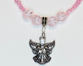 Angel Necklace / Choker Angel Rhinestone / Pink Seed Bead / Pink Crackled Beads / Angel Pendant / Pink Choker Necklace