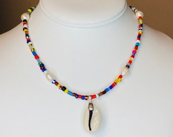 Conch Shell Necklace / Freshwater Pearl Necklace / Beads Made In Ghana / Cowrie and Pearls / Pearl and Shell necklace