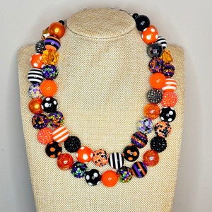 Updated Halloween Chunky Statement Beaded Necklace / Orange Black Stripe Polka Dots Rhinestone Purple / Fall Halloween Pumpkin Autumn
