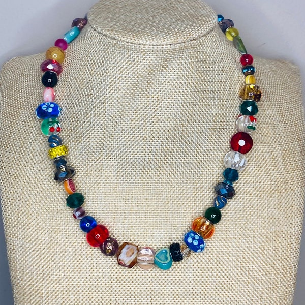 Multi Beaded Gems Glass Beaded Necklace / Indie Retro / Fun Unique / Millefiori Rhinestone Peals Bright Flower Lampwork Crystal Onyx