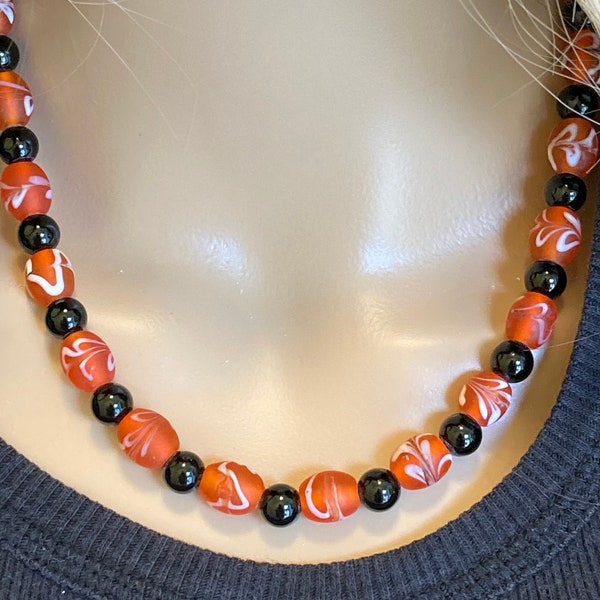 Creamsicle Glass Beaded Necklace for Women / Frosted Transparent Orange White Swirl Czech Bead / Black Onyx Beaded /