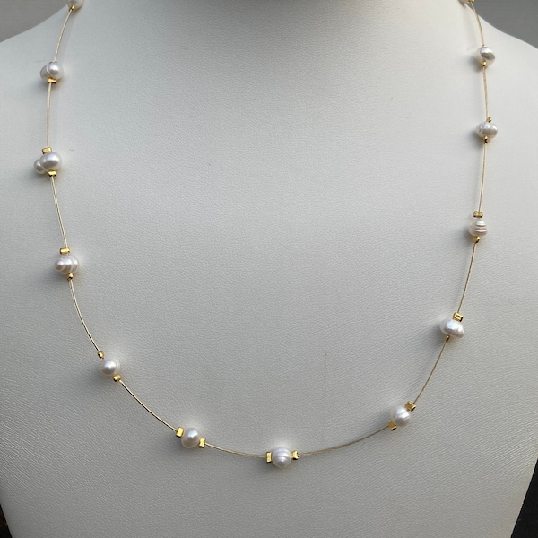 Illusion Pearl Necklace / Floating Pearl Necklace / Freshwater Pearls /  floating white pearl necklace /  floating white pearl gold necklace