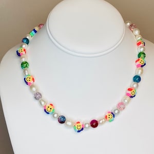 カスタム Y2K ビーズネックレス / レインボー淡水真珠 / カラーガラスビーズ / 90 年代ネックレス /