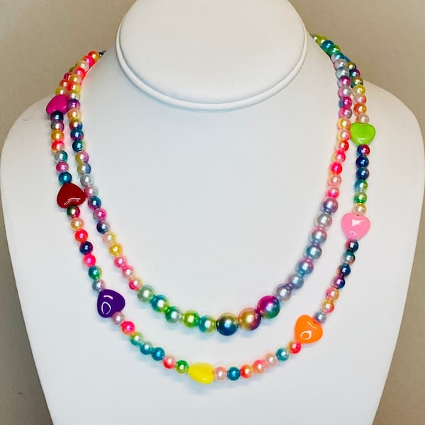 Y2K Necklace / Tie Dye Acrylic Pearls / Heart Necklace / 90’s Necklace layered / Fun Necklace /